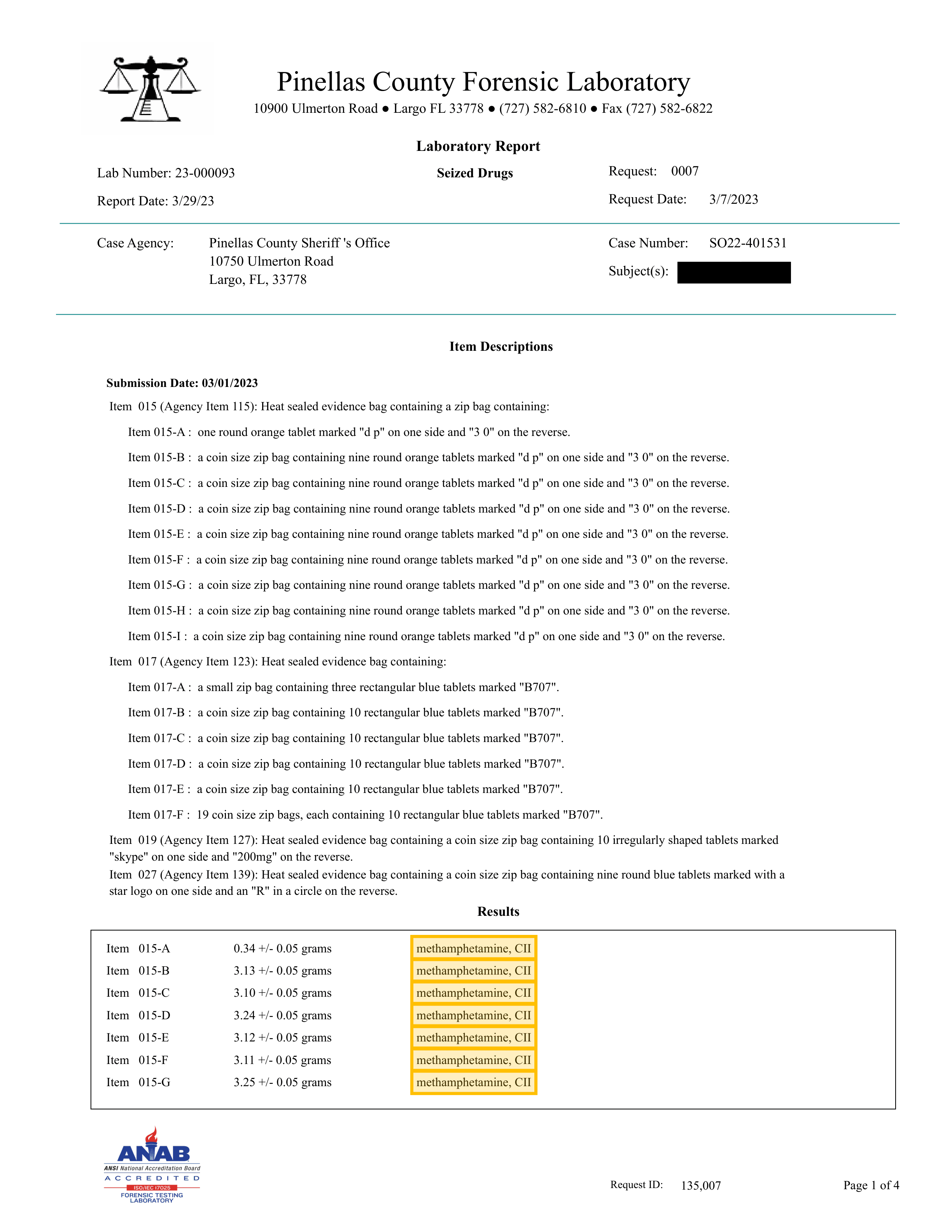 Pinellas County Forensic Laboratory Report 23-000093, Page 1 — lab tested items totaling 25.59 grams, identified as methamphetamine not MDMA