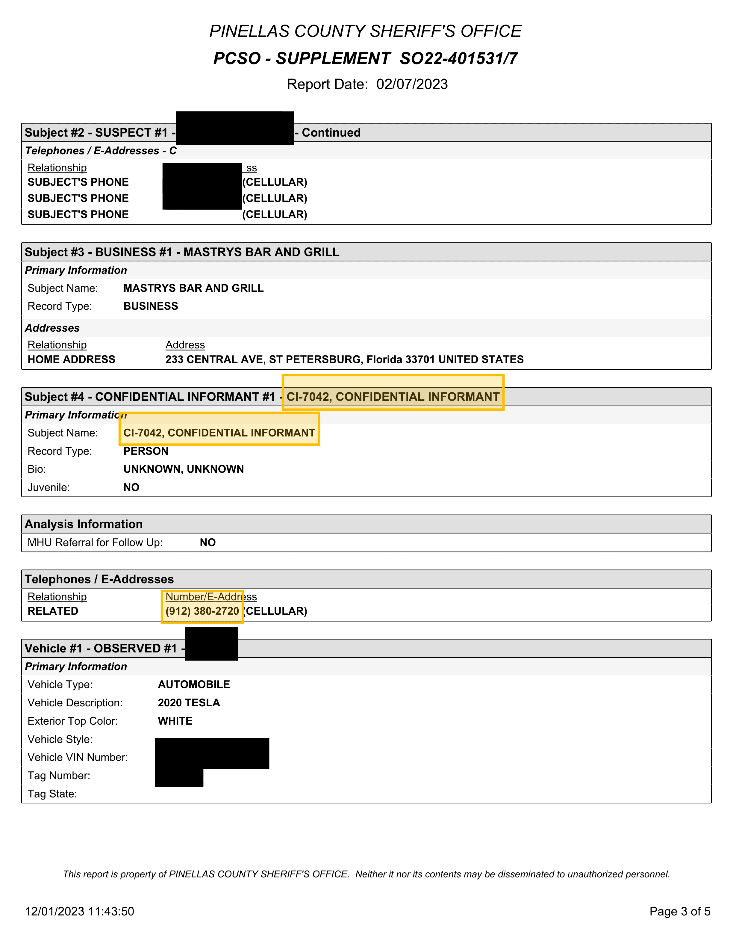 PCSO Supplement SO22-401531/7, Page 3 — phone number (912) 380-2720 listed under both the suspect and confidential informant CI-7042