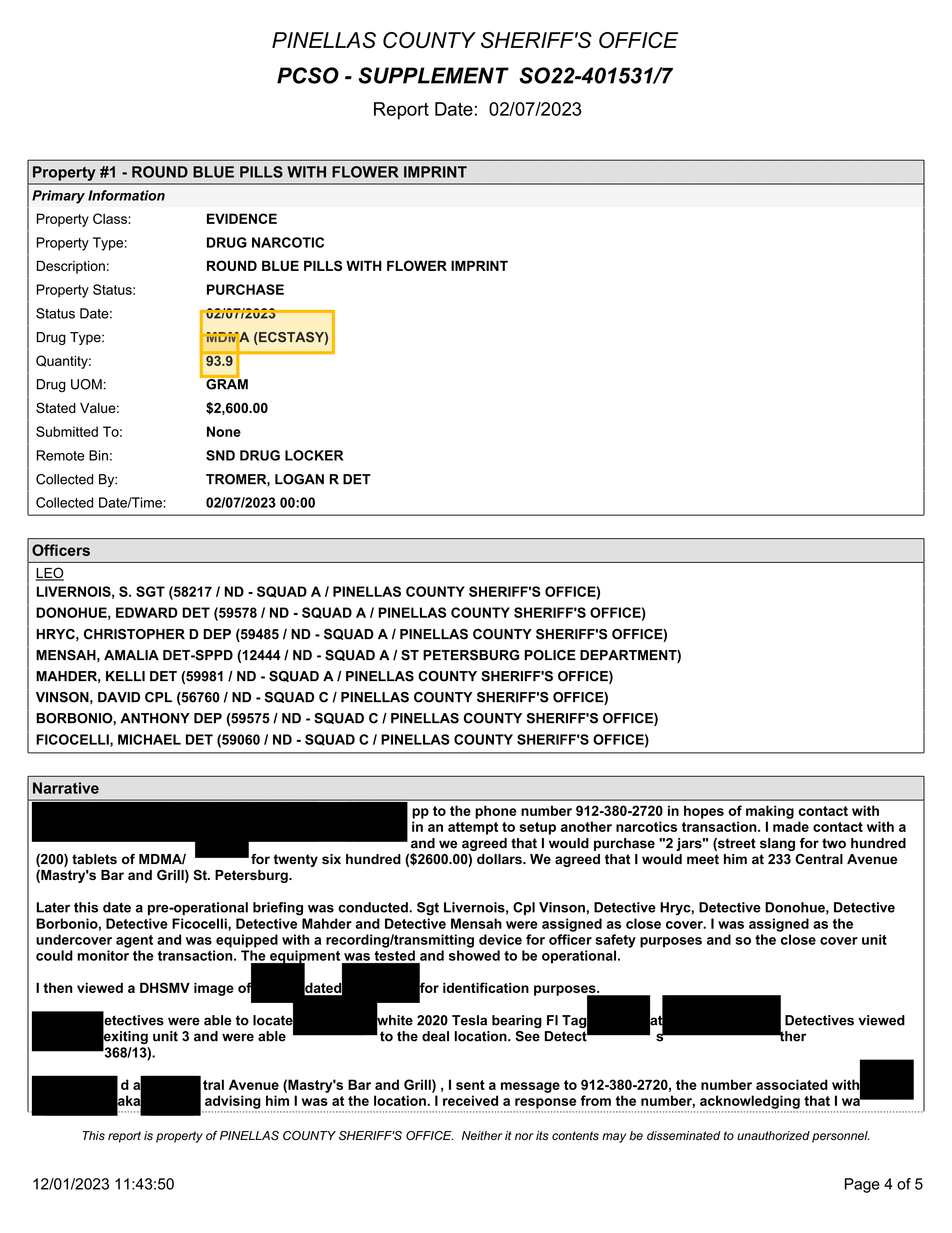 PCSO Supplement SO22-401531/7, Page 4 — property weight listed as 93.9 grams of MDMA at the scene